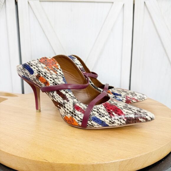 Malone Souliers Maureen Python Embossed Leather High Heel Mules Ivory Multi 39.5 - Picture 1 of 11